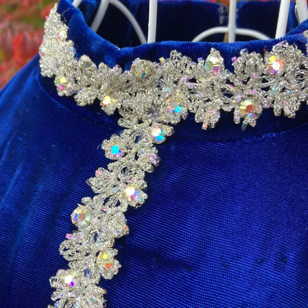 vintage 70s dress 1970s long sleeve velvet deep blue rhinestone glitter | S-M | - Picture 6 of 9